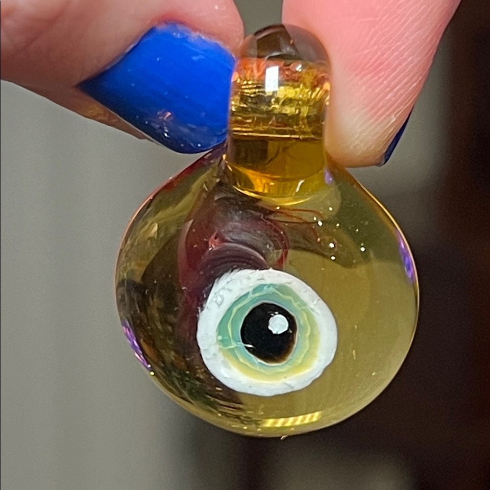 Estate Yellow Glass Evil Eye Pendant with Green and White Accent